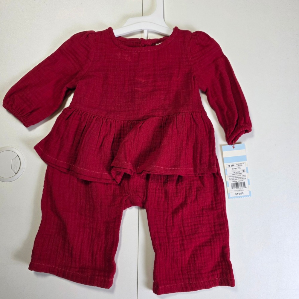 Cat & Jack Baby 0-3M Dark Red Double Gauze Cotton Peplum Top and Pants Set NWT